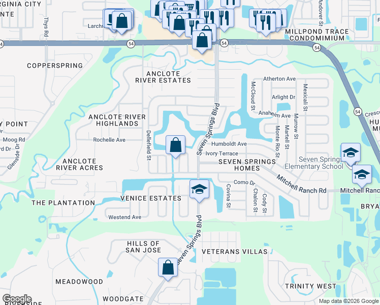 map of restaurants, bars, coffee shops, grocery stores, and more near 3451 Van Nuys Loop in New Port Richey