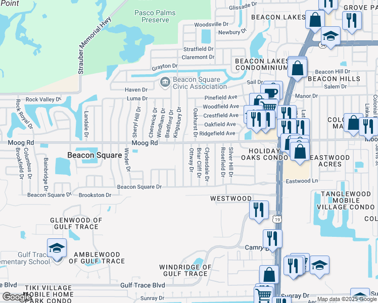 map of restaurants, bars, coffee shops, grocery stores, and more near 3427 Ottway Drive in Holiday