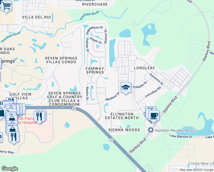 map of restaurants, bars, coffee shops, grocery stores, and more near 3416 Baugh Drive in New Port Richey