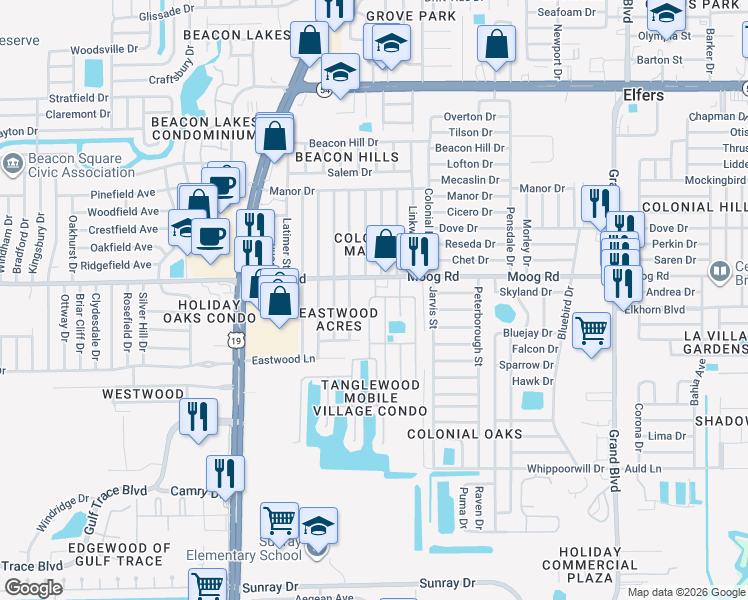 map of restaurants, bars, coffee shops, grocery stores, and more near 3420 Chatford Drive in Holiday