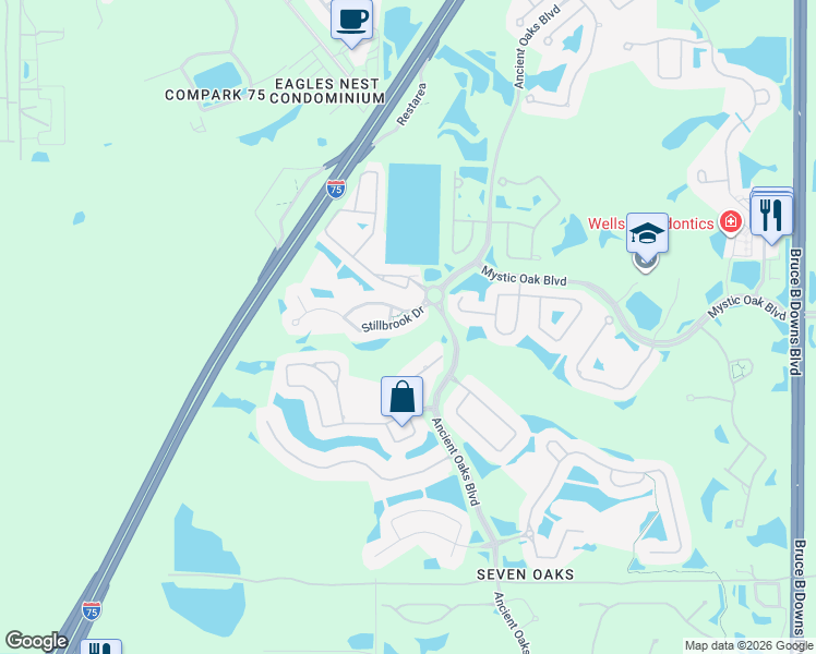 map of restaurants, bars, coffee shops, grocery stores, and more near 27012 Stillbrook Drive in Wesley Chapel
