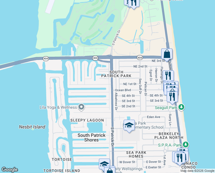 map of restaurants, bars, coffee shops, grocery stores, and more near 339 Ibis Lane in Satellite Beach