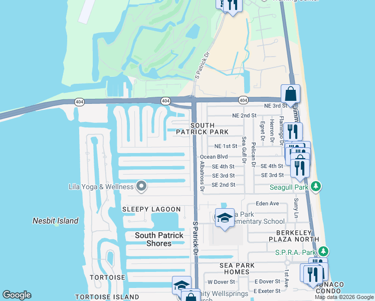 map of restaurants, bars, coffee shops, grocery stores, and more near 339 Ibis Lane in Satellite Beach
