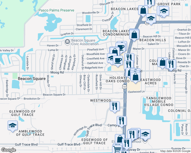 map of restaurants, bars, coffee shops, grocery stores, and more near 3427 Rosefield Dr in Holiday