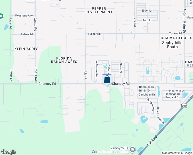 map of restaurants, bars, coffee shops, grocery stores, and more near 172 West Moose Run in Zephyrhills