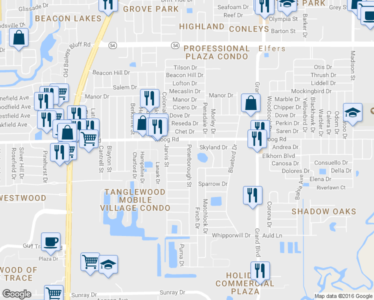 map of restaurants, bars, coffee shops, grocery stores, and more near 5116 Polar Drive in Holiday