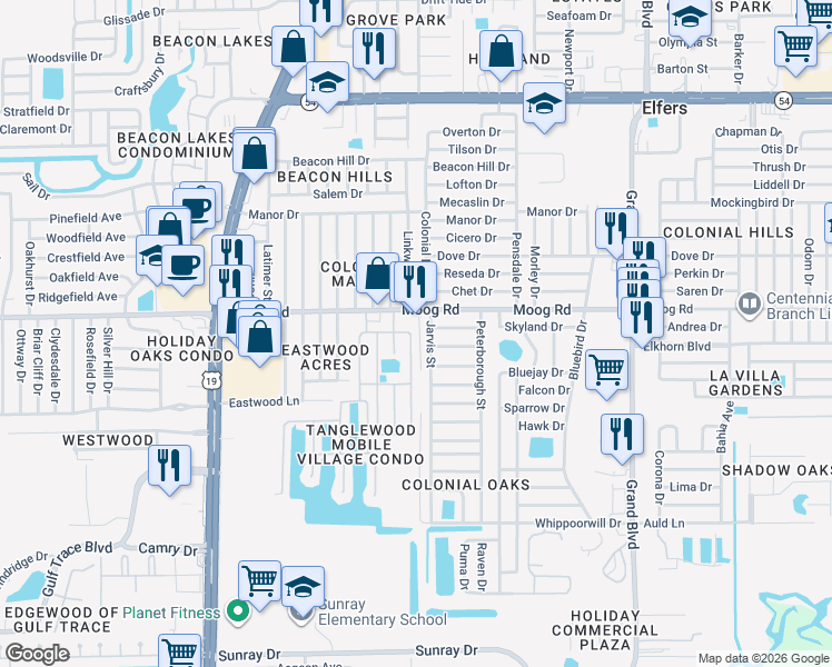 map of restaurants, bars, coffee shops, grocery stores, and more near 3420 Courtney Drive in Holiday