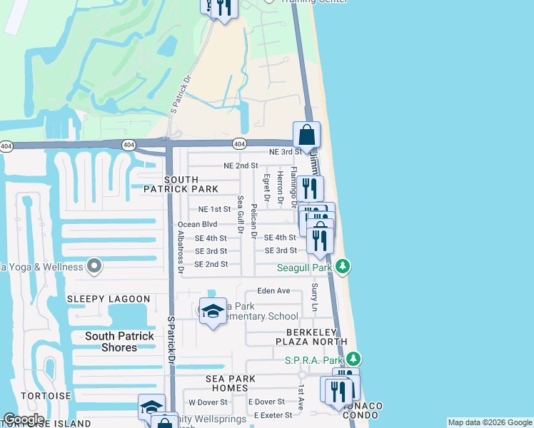 map of restaurants, bars, coffee shops, grocery stores, and more near 138 Northeast 1st Street in Satellite Beach