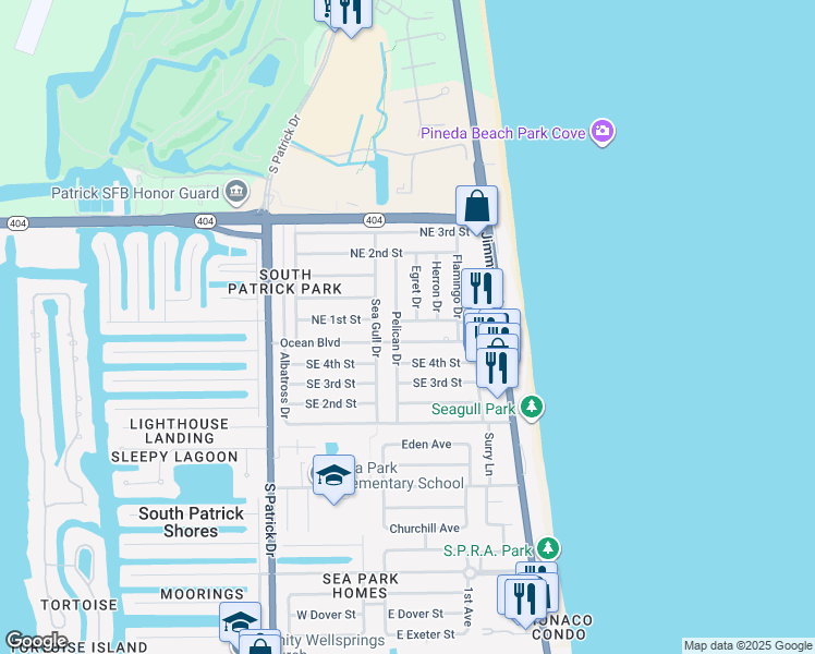 map of restaurants, bars, coffee shops, grocery stores, and more near 142 Northeast 1st Street in Satellite Beach