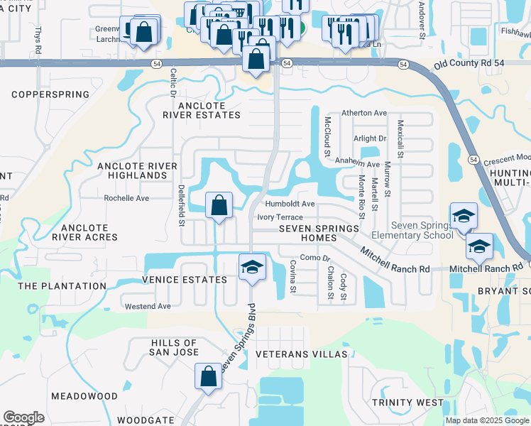 map of restaurants, bars, coffee shops, grocery stores, and more near 7317 Ivory Terrace in New Port Richey