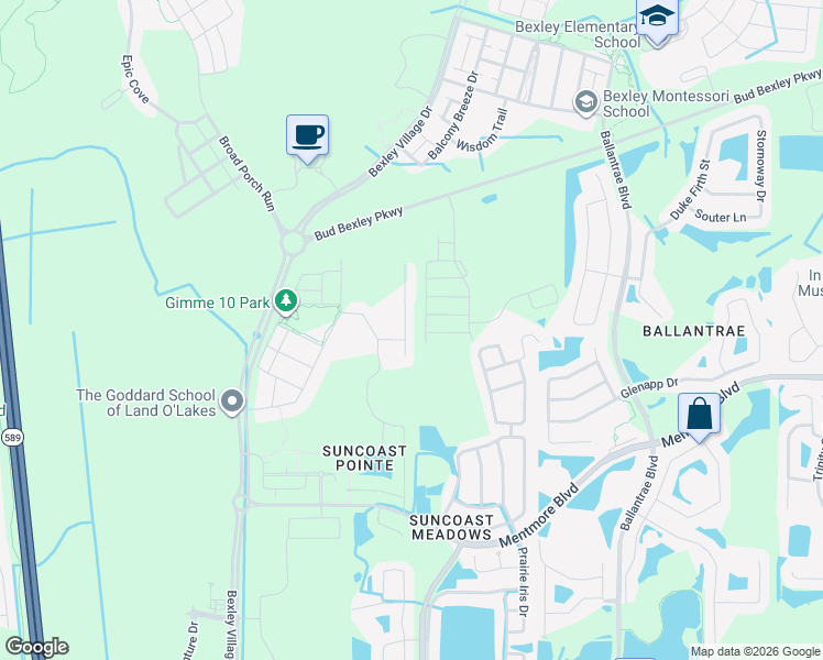 map of restaurants, bars, coffee shops, grocery stores, and more near 3522 Fyfield Court in Land O' Lakes