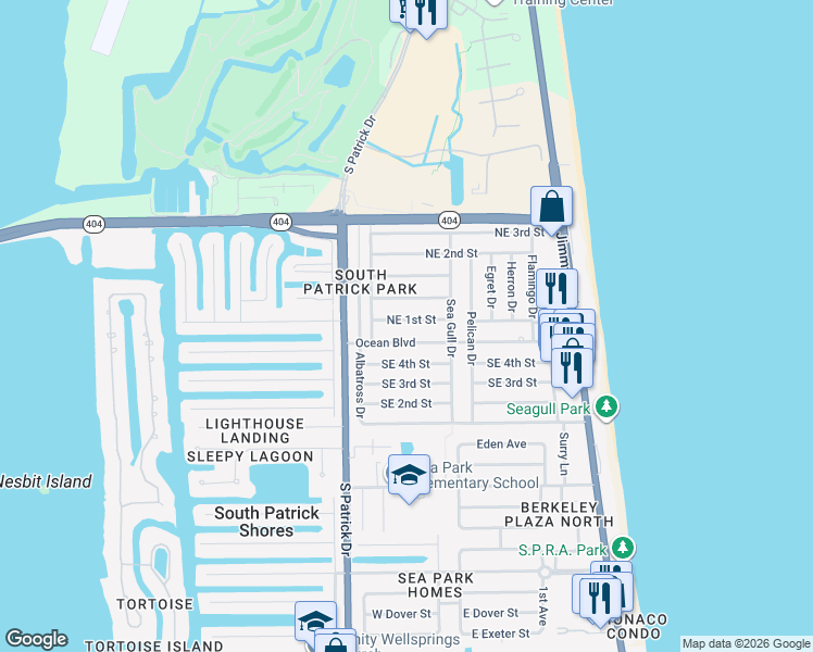 map of restaurants, bars, coffee shops, grocery stores, and more near 222 Northeast 1st Street in Satellite Beach