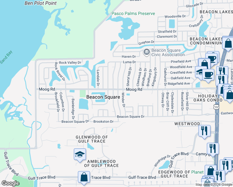 map of restaurants, bars, coffee shops, grocery stores, and more near 3437 Devonshire Drive in Holiday