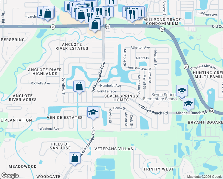 map of restaurants, bars, coffee shops, grocery stores, and more near 7425 Ivory Terrace in New Port Richey