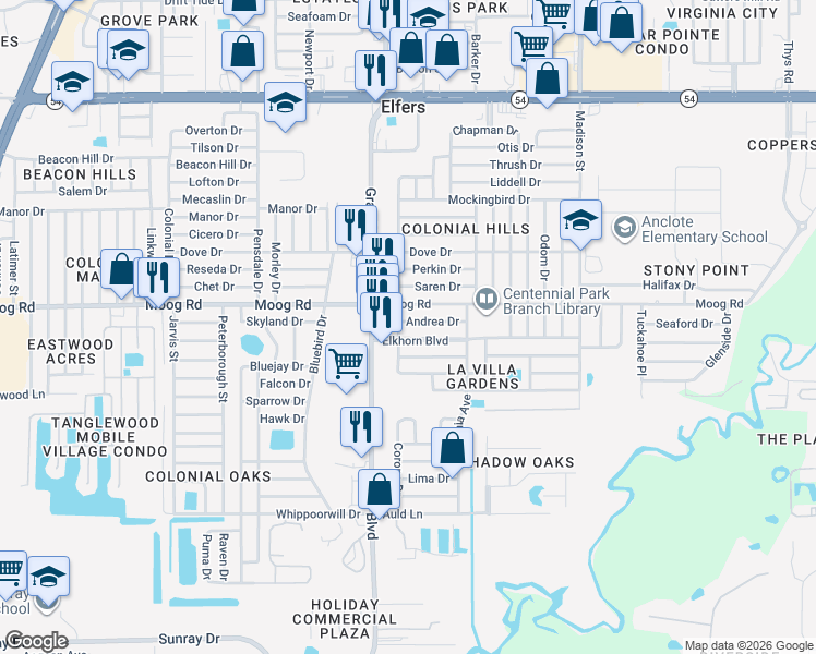 map of restaurants, bars, coffee shops, grocery stores, and more near 5546 Andrea Drive in Holiday