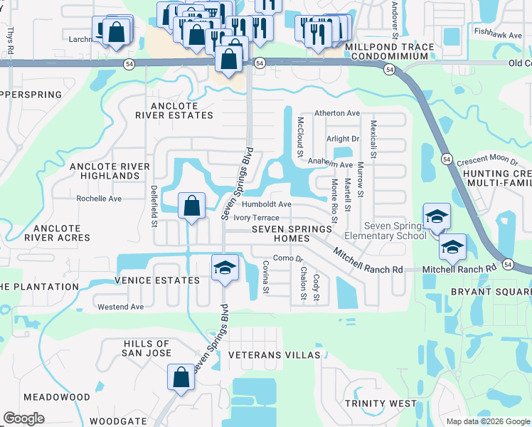 map of restaurants, bars, coffee shops, grocery stores, and more near 7413 Ivory Terrace in New Port Richey