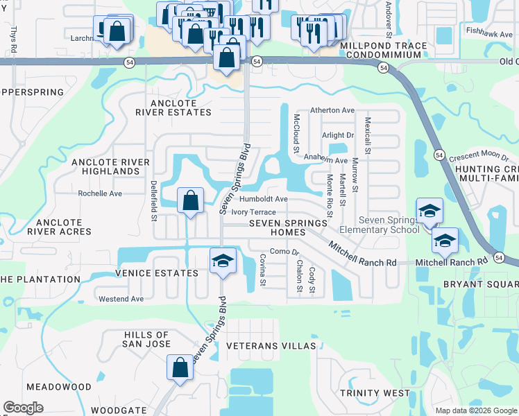 map of restaurants, bars, coffee shops, grocery stores, and more near 7413 Ivory Terrace in New Port Richey