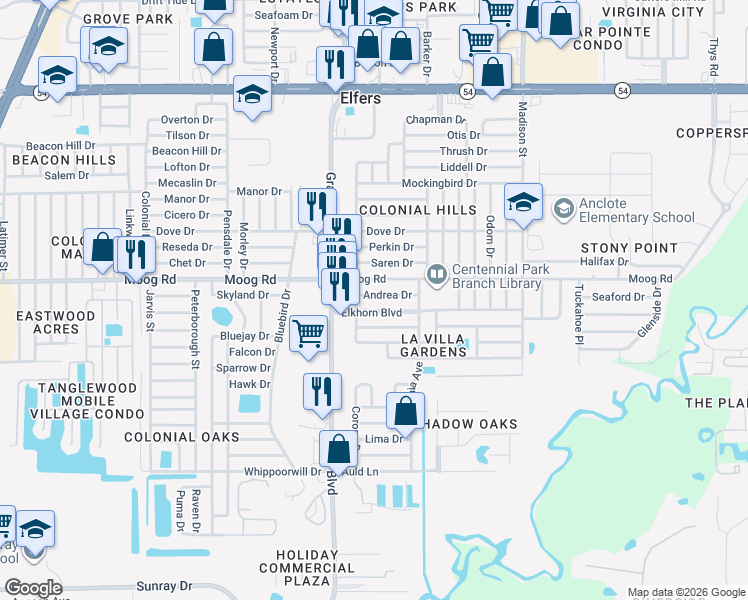 map of restaurants, bars, coffee shops, grocery stores, and more near 5546 Andrea Drive in Holiday