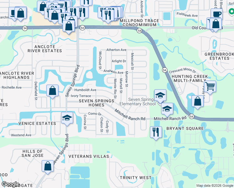 map of restaurants, bars, coffee shops, grocery stores, and more near 3426 Monte Rio Street in New Port Richey