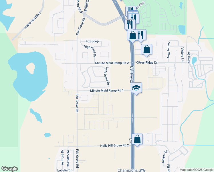 map of restaurants, bars, coffee shops, grocery stores, and more near 457 Lady Diana Drive in Davenport