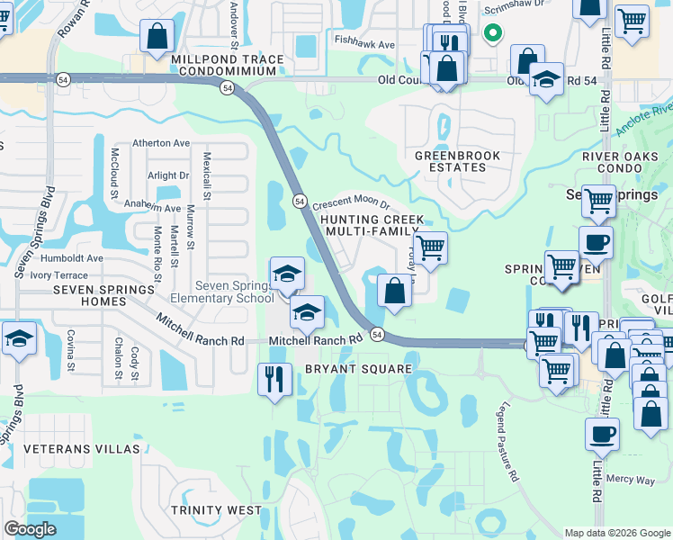map of restaurants, bars, coffee shops, grocery stores, and more near 8101 State Road 54 in New Port Richey
