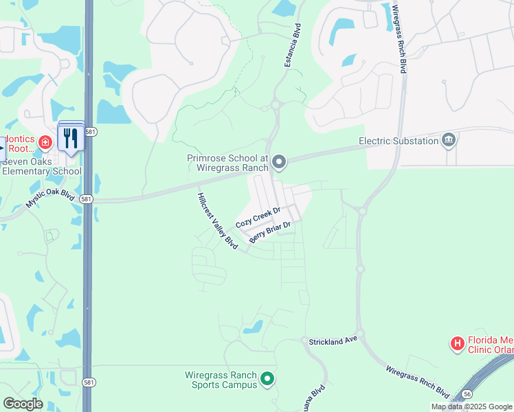 map of restaurants, bars, coffee shops, grocery stores, and more near 3601 Front Park Drive in Wesley Chapel