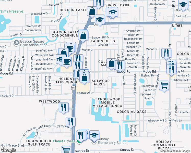 map of restaurants, bars, coffee shops, grocery stores, and more near 3426 Blayton Street in Holiday