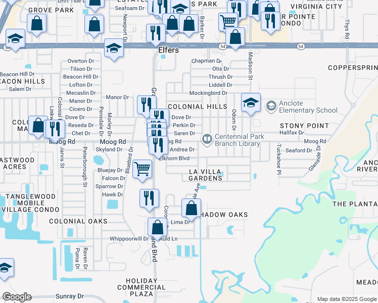 map of restaurants, bars, coffee shops, grocery stores, and more near 5646 Andrea Drive in Holiday