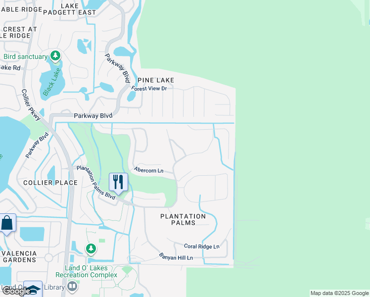 map of restaurants, bars, coffee shops, grocery stores, and more near 3600 Cresthill Lane in Land O' Lakes