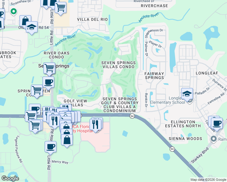 map of restaurants, bars, coffee shops, grocery stores, and more near 3443 Trophy Boulevard in New Port Richey