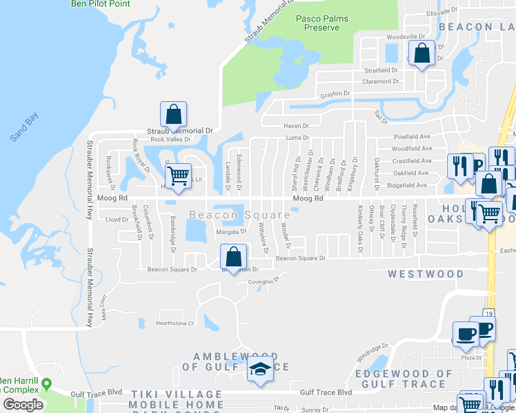 map of restaurants, bars, coffee shops, grocery stores, and more near 3437 Wiltshire Drive in Holiday
