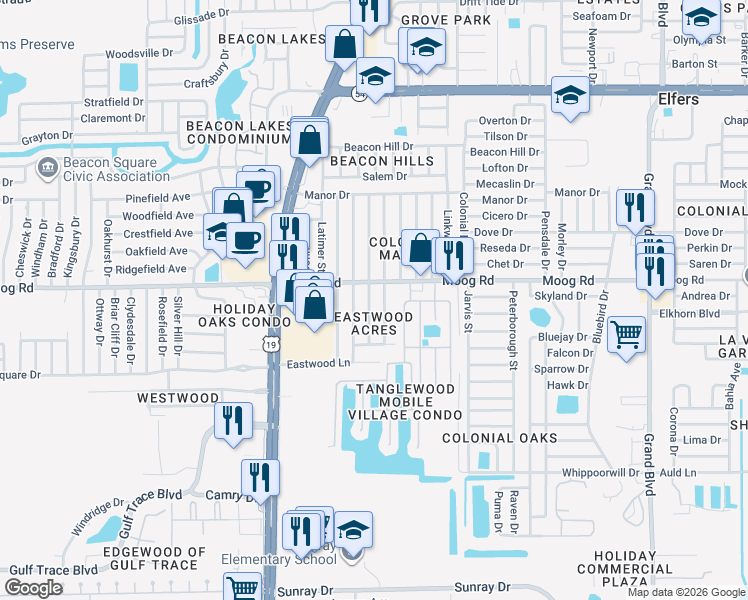map of restaurants, bars, coffee shops, grocery stores, and more near 3426 Bedford Street in Holiday