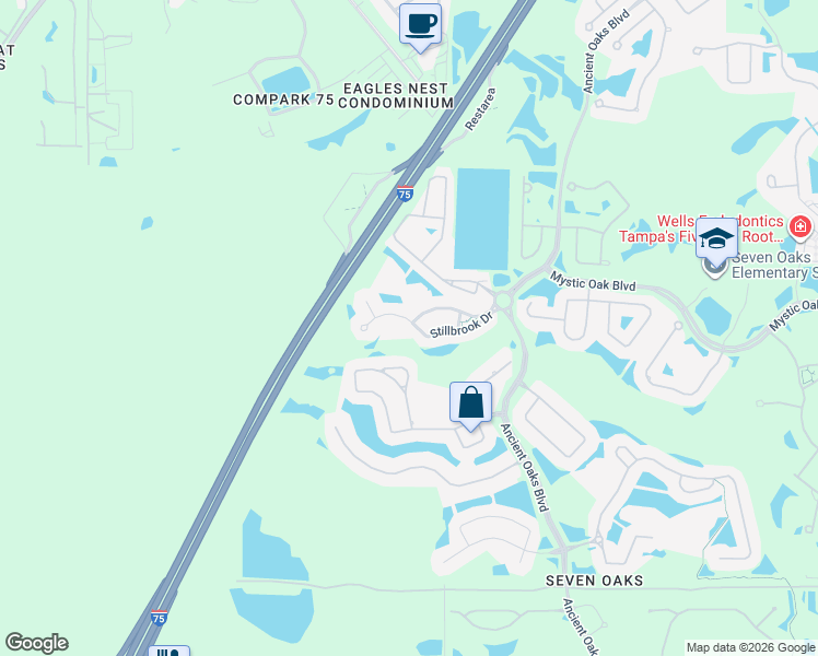 map of restaurants, bars, coffee shops, grocery stores, and more near 26852 Stillbrook Drive in Wesley Chapel