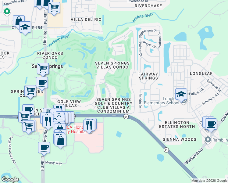 map of restaurants, bars, coffee shops, grocery stores, and more near 3428 Trophy Boulevard in New Port Richey