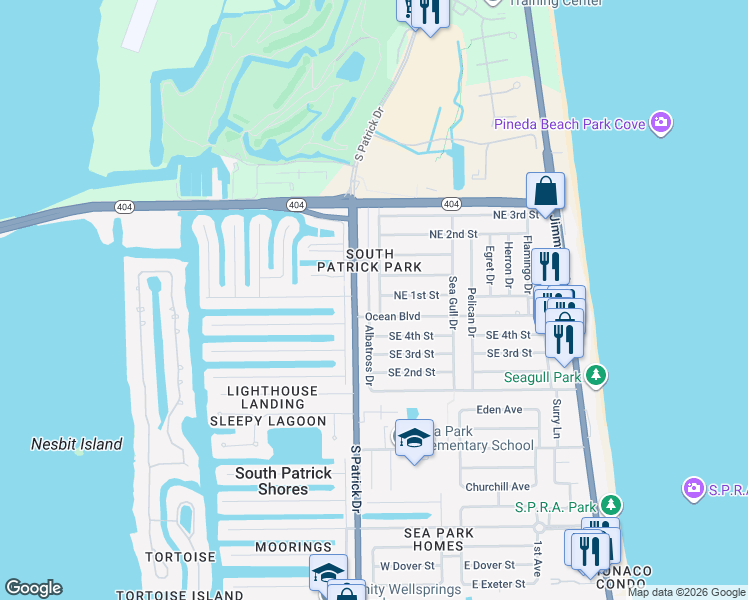 map of restaurants, bars, coffee shops, grocery stores, and more near 120 Melaleuca Drive in Satellite Beach