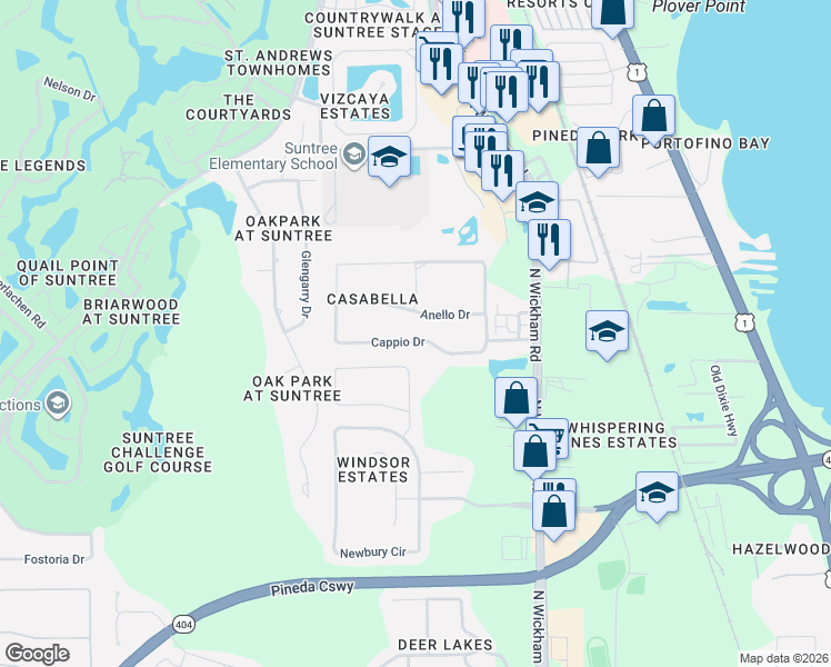 map of restaurants, bars, coffee shops, grocery stores, and more near 3328 Cappio Drive in Melbourne