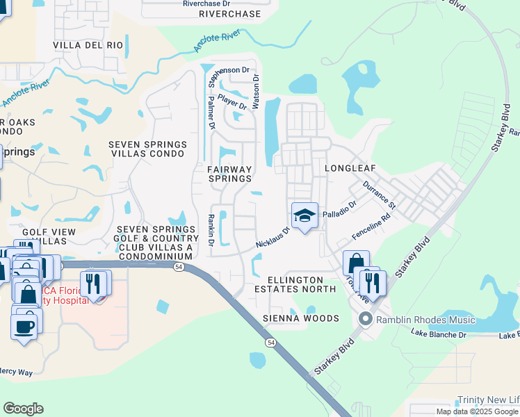 map of restaurants, bars, coffee shops, grocery stores, and more near 3416 Baugh Drive in New Port Richey