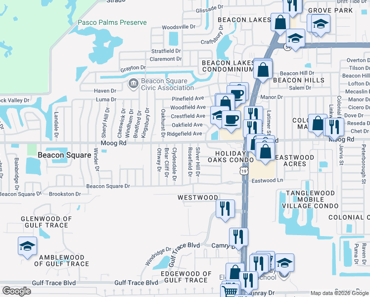 map of restaurants, bars, coffee shops, grocery stores, and more near 3427 Rosefield Drive in Holiday