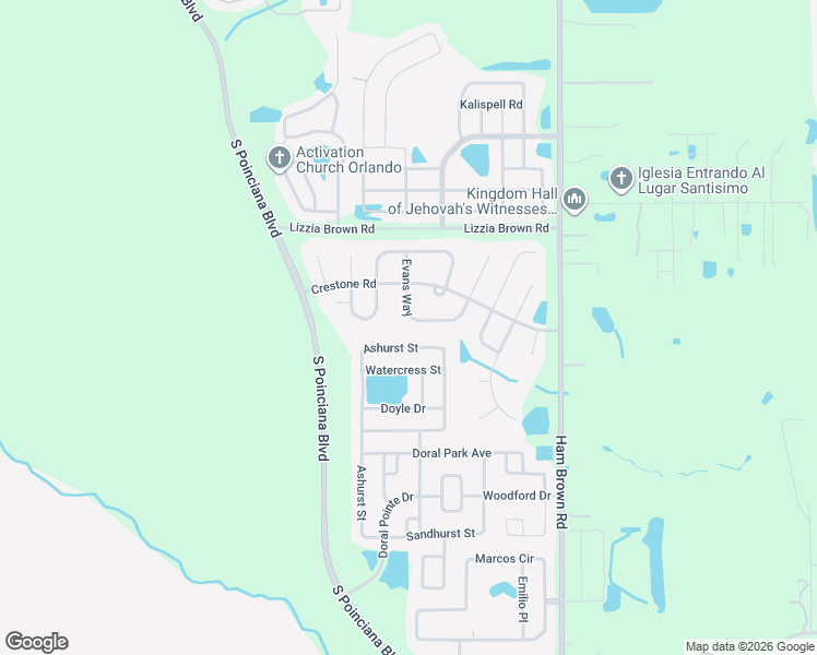 map of restaurants, bars, coffee shops, grocery stores, and more near 2918 Evans Way in Kissimmee