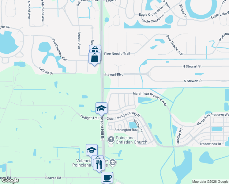 map of restaurants, bars, coffee shops, grocery stores, and more near 3111 Marshfield Preserve Way in Kissimmee