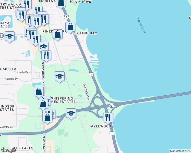 map of restaurants, bars, coffee shops, grocery stores, and more near 5995 North US Highway 1 in Melbourne