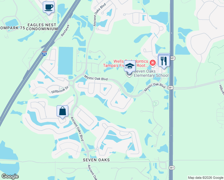 map of restaurants, bars, coffee shops, grocery stores, and more near 3439 Hickory Hammock Loop in Wesley Chapel