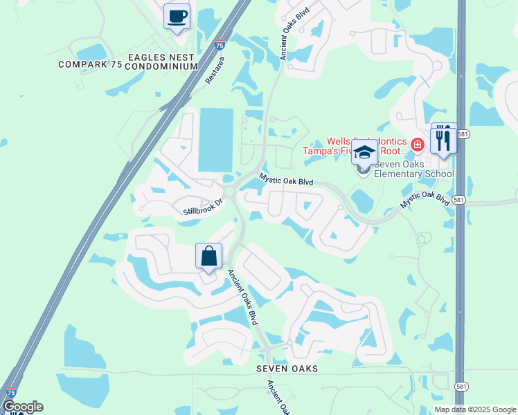 map of restaurants, bars, coffee shops, grocery stores, and more near 27222 Fern Glade Court in Wesley Chapel