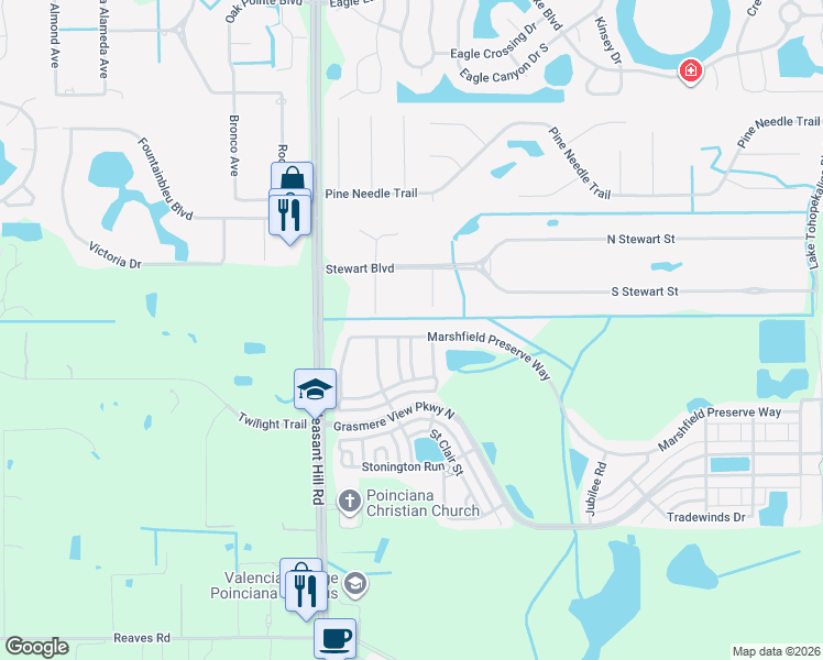 map of restaurants, bars, coffee shops, grocery stores, and more near 3101 Pleasant Hill Road in Kissimmee