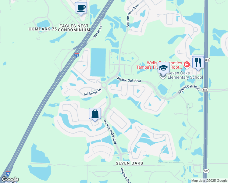 map of restaurants, bars, coffee shops, grocery stores, and more near 27208 Fern Glade Court in Wesley Chapel