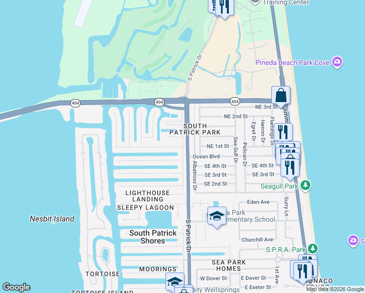 map of restaurants, bars, coffee shops, grocery stores, and more near 400 Skylark Boulevard in Satellite Beach