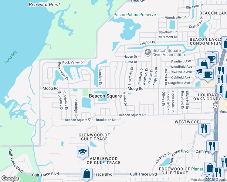map of restaurants, bars, coffee shops, grocery stores, and more near 3437 Devonshire Drive in Holiday