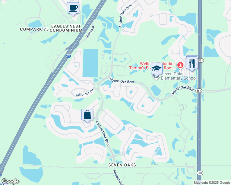 map of restaurants, bars, coffee shops, grocery stores, and more near 3445 Fiddlers Green Loop in Wesley Chapel
