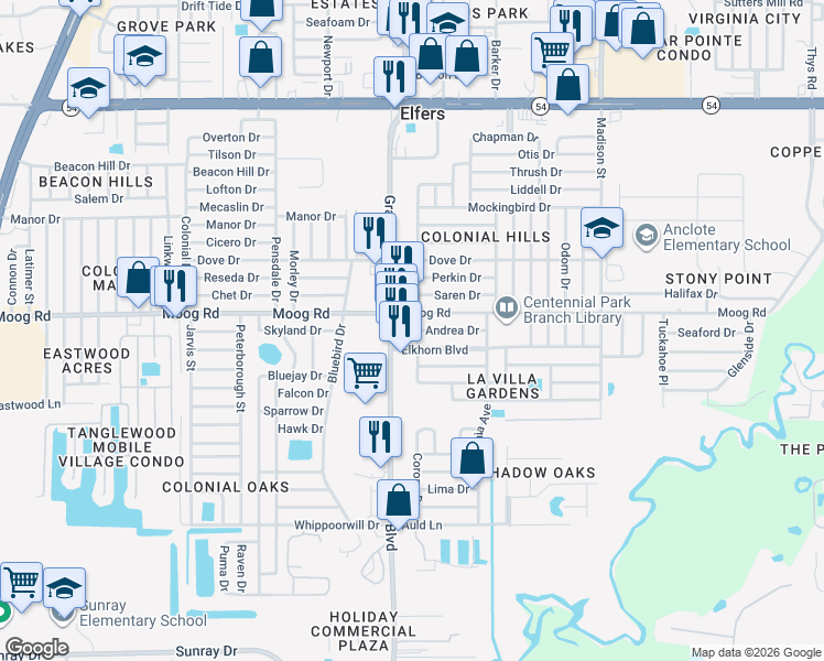 map of restaurants, bars, coffee shops, grocery stores, and more near 3433 Woodcock Drive in Holiday