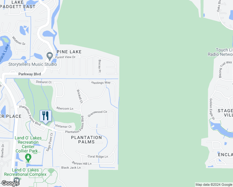 map of restaurants, bars, coffee shops, grocery stores, and more near 3606 Morgan's Bluff Court in Land O' Lakes